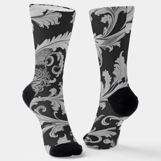 Monochrome Fleur Antique Pattern  Socks (Angled)