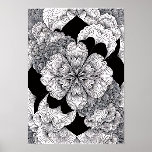Monochrome Floral Mandala Elegant Black And White Poster