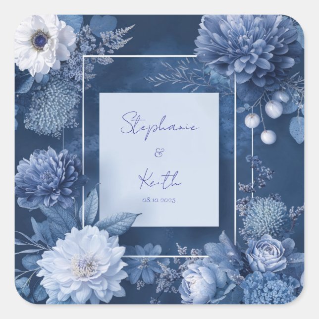 Monochrome Floral Navy Blue White Modern Square Square Sticker (Front)