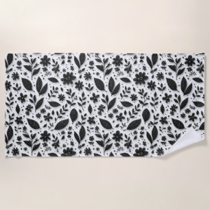 Monochrome Floral Pattern With Leaves And Flowers Beach Towel
