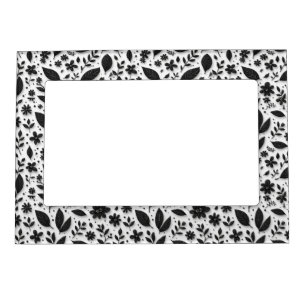 Monochrome Floral Pattern With Leaves And Flowers Magnetic Frame