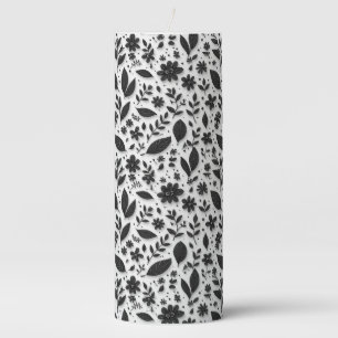 Monochrome Floral Pattern With Leaves And Flowers Pillar Candle