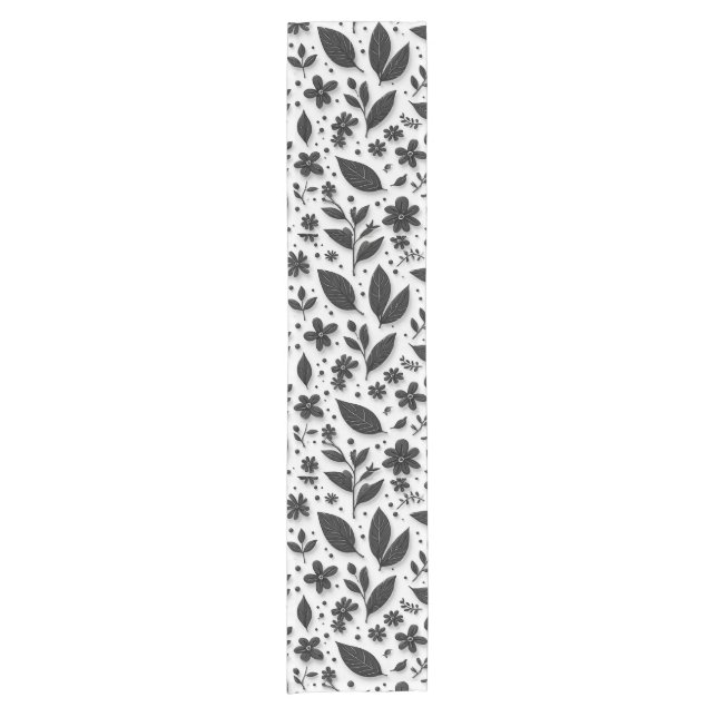 Monochrome Floral Pattern With Leaves And Flowers Short Table Runner (Front)