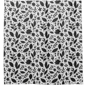 Monochrome Floral Pattern With Leaves And Flowers Shower Curtain