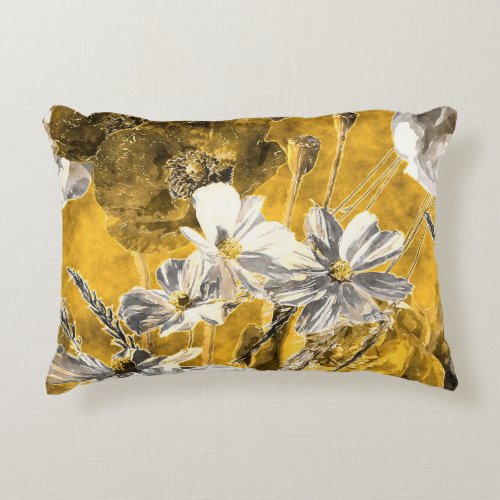 Monochrome Floral Watercolor Poppies Pattern Accent Pillow