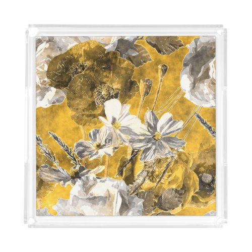 Monochrome Floral Watercolor Poppies Pattern Acrylic Tray