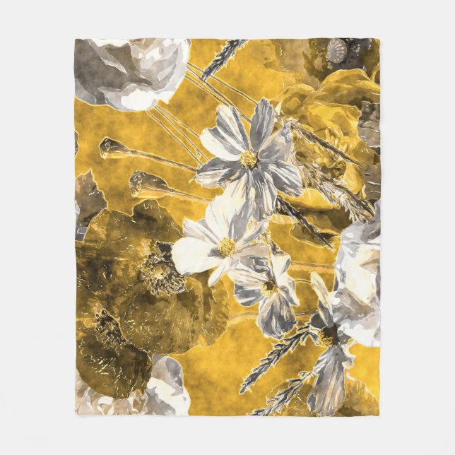 Monochrome Floral Watercolor Poppies Pattern Fleece Blanket (Front)