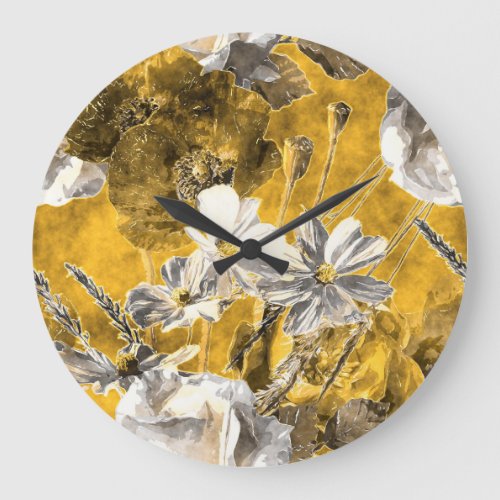 Monochrome Floral Watercolor Poppies Pattern Large Clock