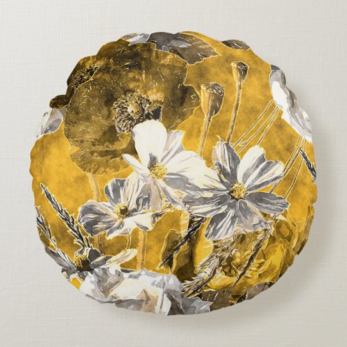 Monochrome Floral Watercolor Poppies Pattern Round Pillow