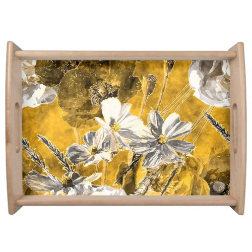 Monochrome Floral Watercolor Poppies Pattern Serving Tray