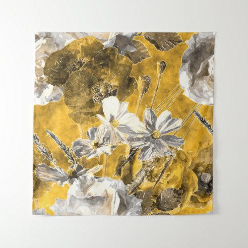 Monochrome Floral Watercolor Poppies Pattern Tapestry