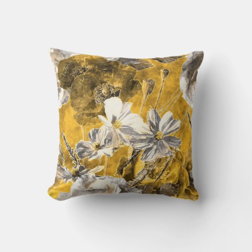 Monochrome Floral Watercolor Poppies Pattern Throw Pillow