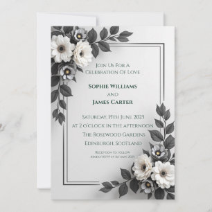 Monochrome Floral Wedding Invitation Black White
