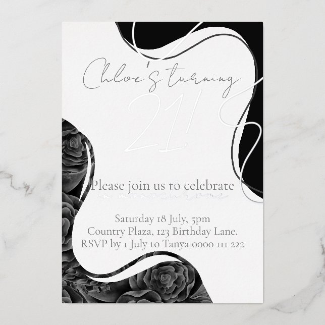 Monochrome florals and silver foil birthday foil invitation (Front)