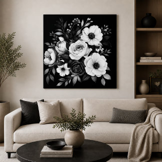 Monochrome Florals Faux Canvas Print