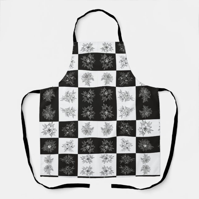 Monochrome Flowers and checkerboard pattern Apron (Front)