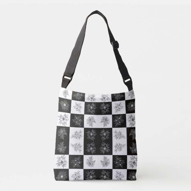 Monochrome Flowers and checkerboard pattern Crossbody Bag (Front)