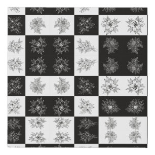 Monochrome Flowers and checkerboard pattern Faux Canvas Print