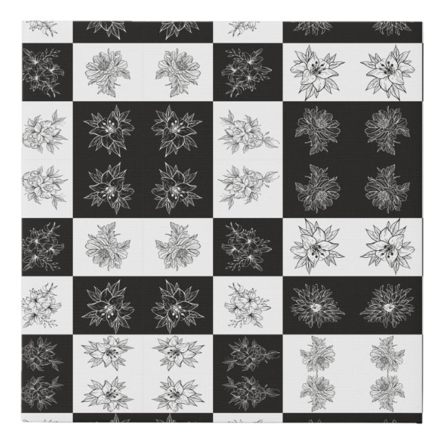 Monochrome Flowers and checkerboard pattern Faux Canvas Print (Front)