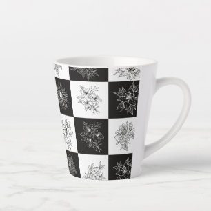 Monochrome Flowers and checkerboard pattern Latte Mug