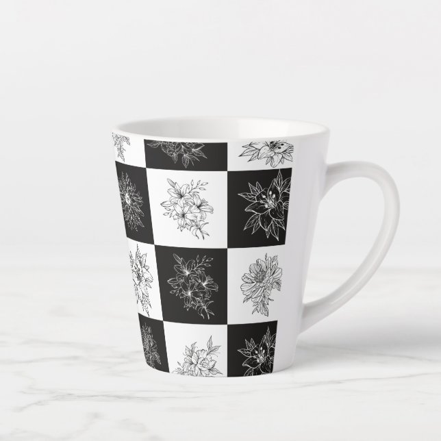Monochrome Flowers and checkerboard pattern Latte Mug (Right)
