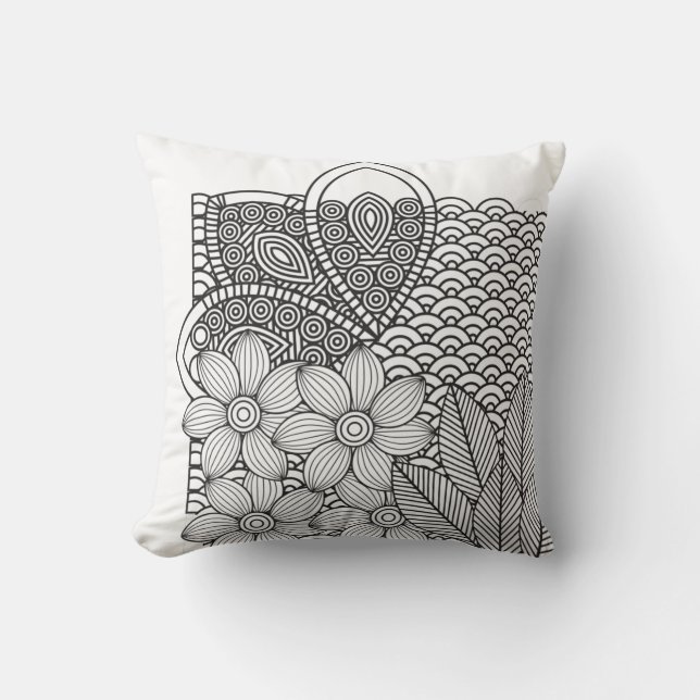 Monochrome Flowers Drawing Throw Pillow (Front)