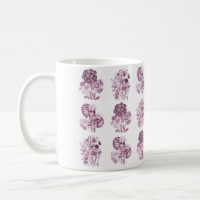 Monochrome flowers in burgundy coffee mug (Left)