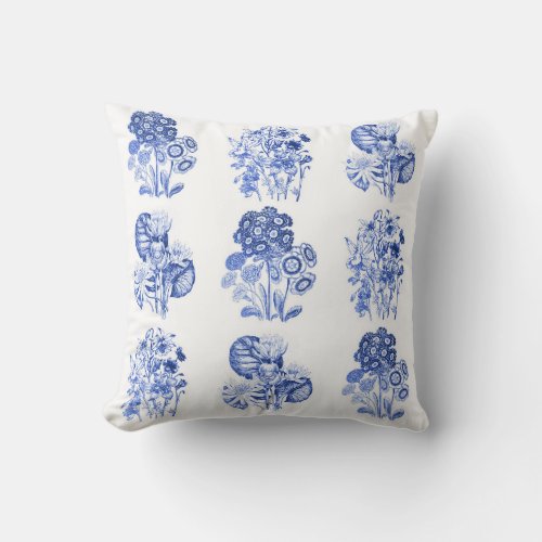 Monochrome flowers in Delft blue Throw Pillow