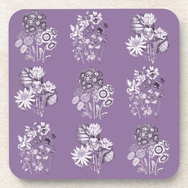 Monochrome flowers in lavender drink coaster (Front)