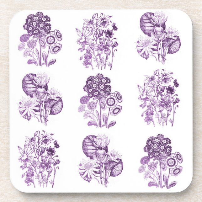 Monochrome flowers in purple beverage coaster (Front)