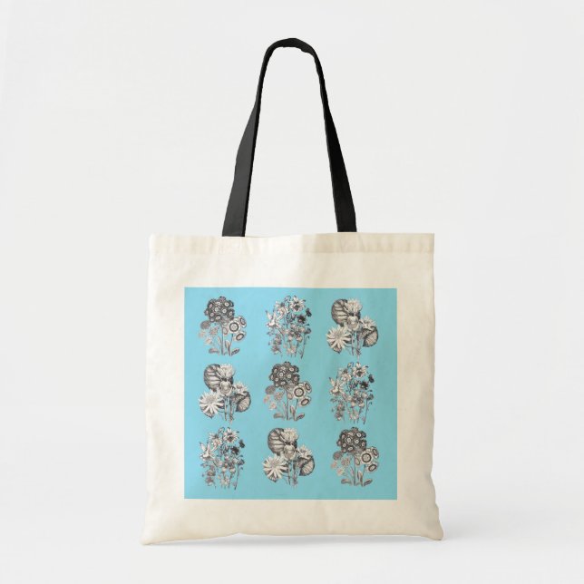 Monochrome flowers on baby blue background tote bag (Front)