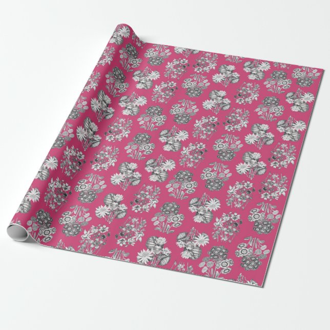 Monochrome Flowers on Cerise Background Giftwrap Wrapping Paper (Unrolled)