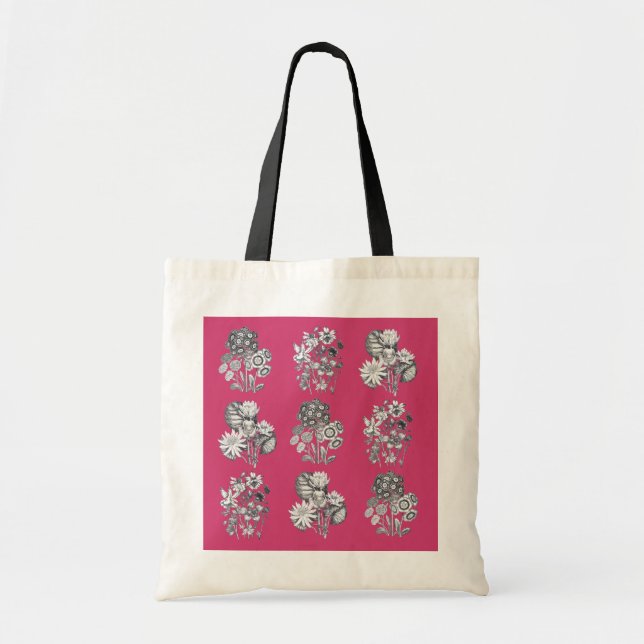 Monochrome flowers on cerise background tote bag (Front)