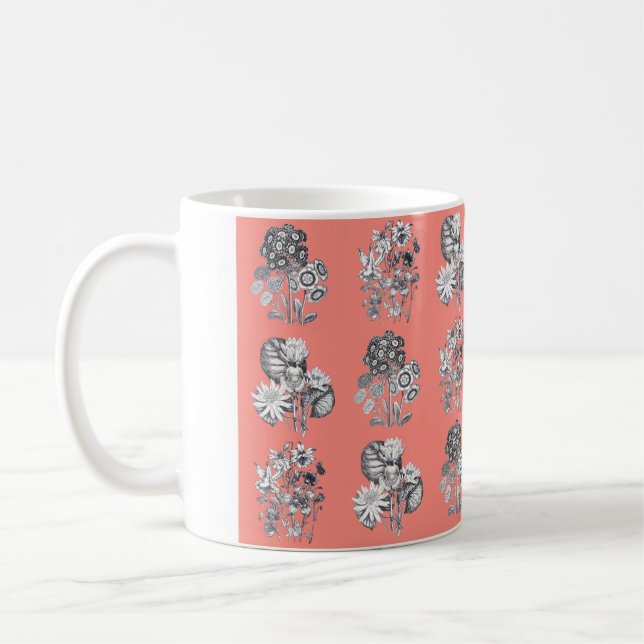 Monochrome flowers on coral background coffee mug (Left)