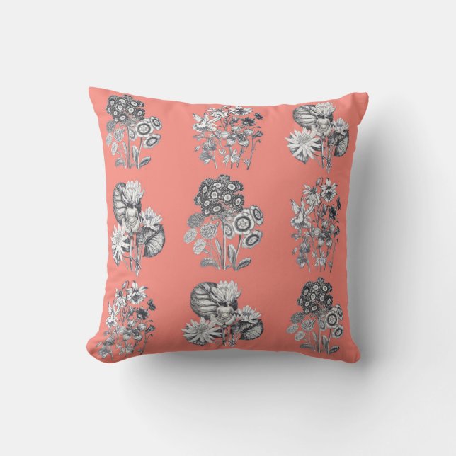 Monochrome flowers on coral background throw pillow (Front)