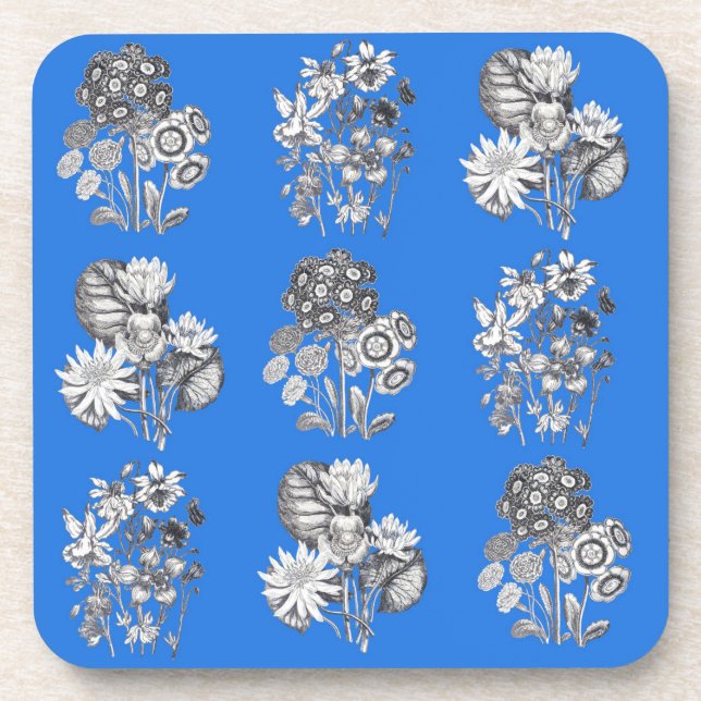 Monochrome flowers on electric blue background coaster (Front)