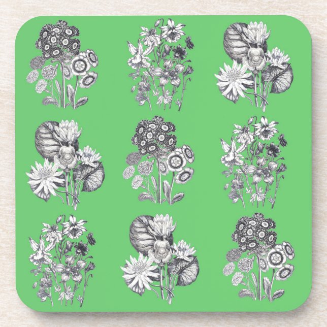 Monochrome flowers on green background beverage coaster (Front)