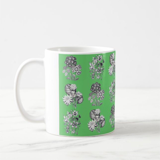 Monochrome flowers on green background coffee mug (Left)