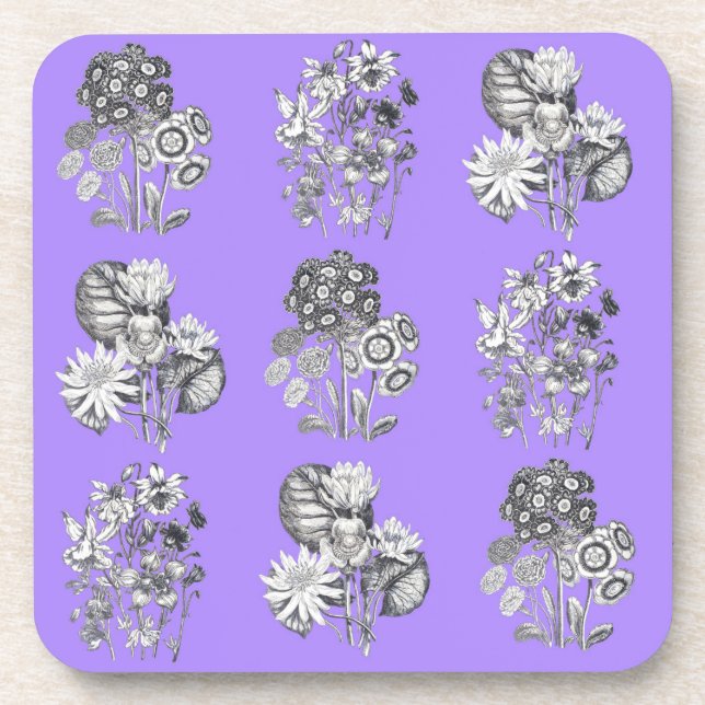 Monochrome flowers on lilac background beverage coaster (Front)