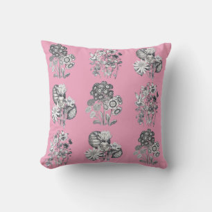Monochrome flowers on pink background throw pillow