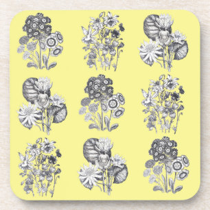 Monochrome flowers on yellow background beverage coaster