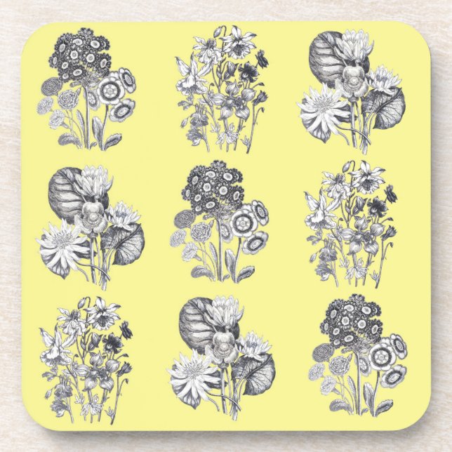 Monochrome flowers on yellow background beverage coaster (Front)