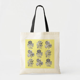 Monochrome flowers on yellow background tote bag