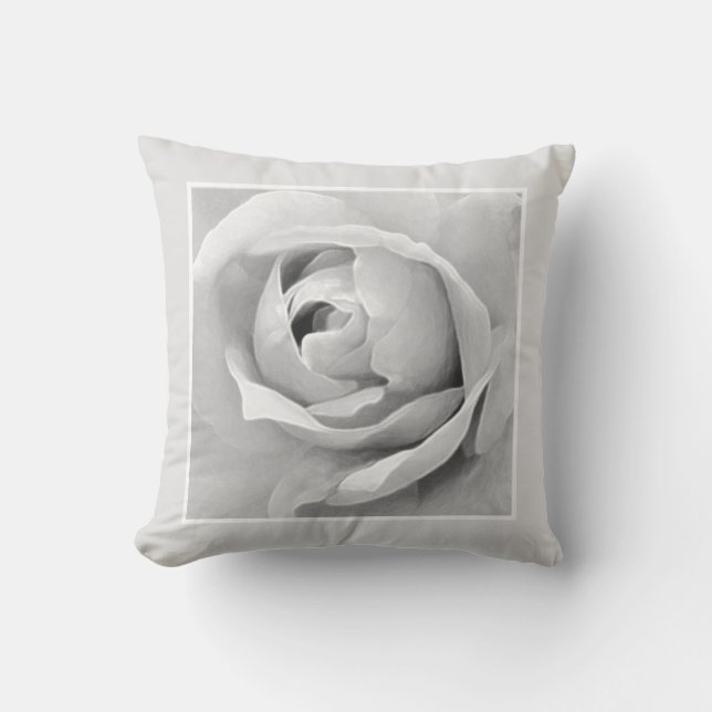 Monochrome Framed White Rose Bud Throw Pillow (Front)
