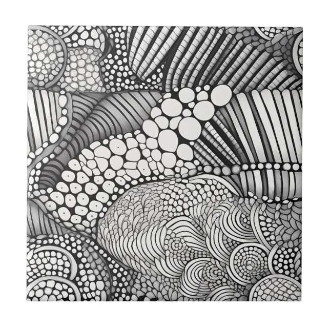 Monochrome Geometric Abstract Line Art Pattern Ceramic Tile (Front)