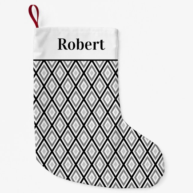Monochrome Geometric Diamond Pattern with Name Small Christmas Stocking (Front)