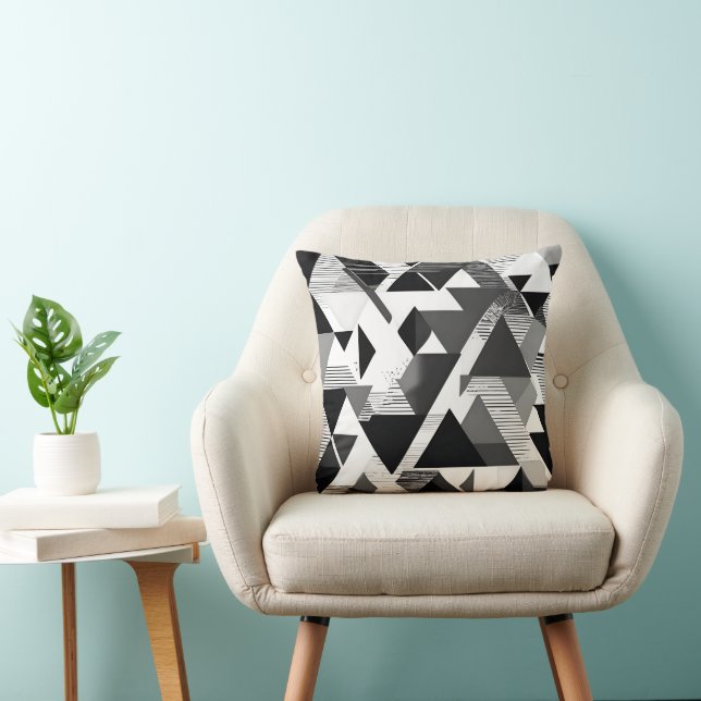 Monochrome Geometric Triangles: Modern Art Throw Pillow (Chair)