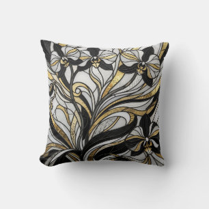 Monochrome Gold Orchid Throw Pillow