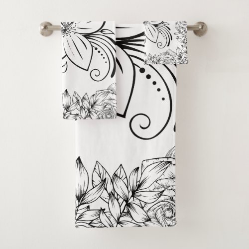 Monochrome Graphic Art Beautiful Flower Bath Towel Set