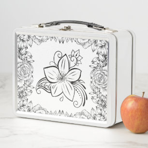 Monochrome Graphic Art, Beautiful Flower Metal Lunch Box
